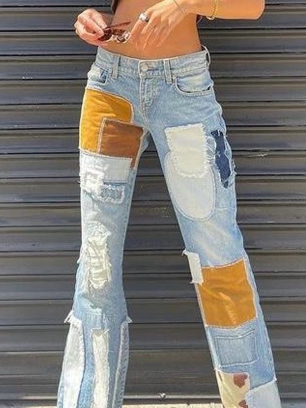 REVICE Patchwork Light Blue Flare Jeans with Brown Suede Accents - Picture 2 of 8